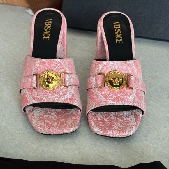VERSACE Women's Medusa Mule Jacquard Pink Fabric Sandals heels, Sz. 41 - Picture 6 of 14